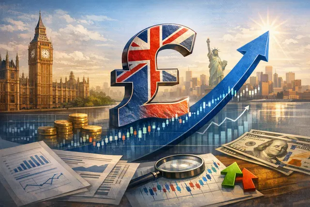 A stylized financial chart showing GBP/USD exchange rate breaching the $1.35 level, with technical indicators and key resistance and support levels highlighted