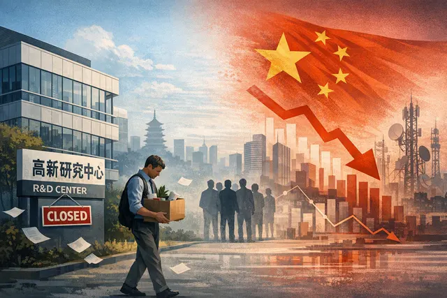 A conceptual image of Nokia's logo against China's skyline with a downward arrow, representing declining business and R&D hub closure in Hangzhou.