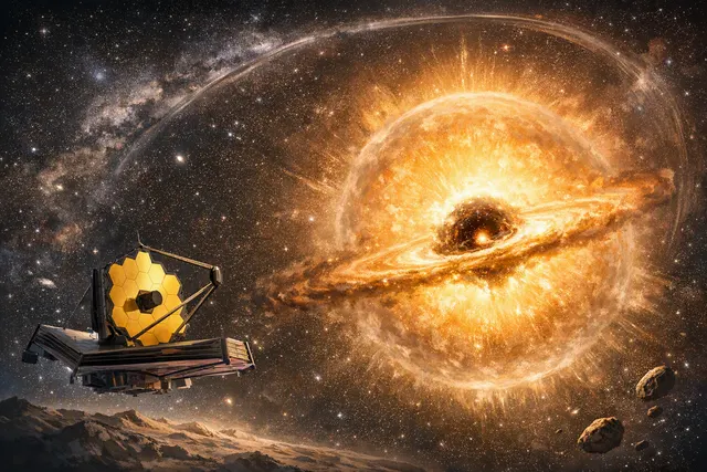 Artist’s illustration of MoM-BH*-1 as a bright black hole surrounded by a dense hydrogen gas envelope