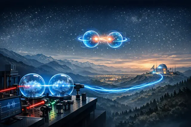 Abstract visualization of two quantum memory nodes (Alice and Bob) connected by 420 km of optical fiber, with a central interference node (Charlie) and glowing photon paths represe