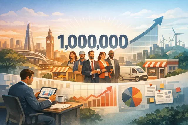 Monzo Business app interface and coral debit card against a digital banking background, representing the UK's first digital bank to reach 1 million business customers.