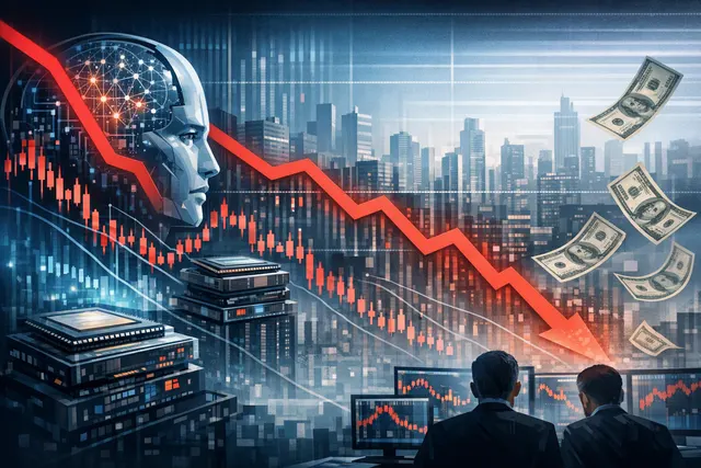 Editorial illustration of falling AI and semiconductor stocks amid rising Treasury yields and oil prices