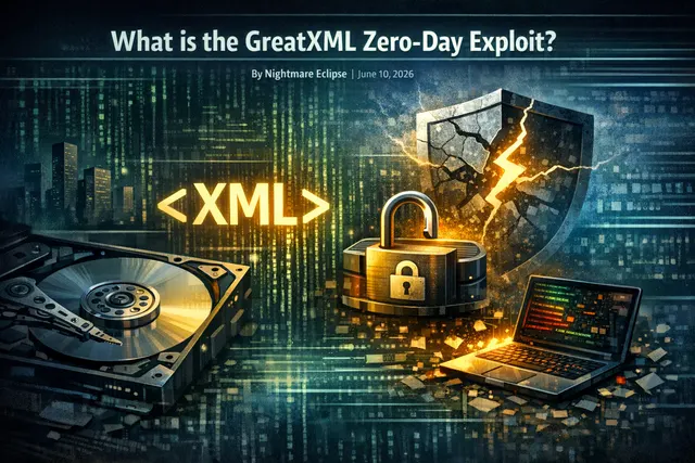 Conceptual illustration of a digital lock being bypassed by an XML file on a Windows system, representing the GreatXML BitLocker zero-day vulnerability.