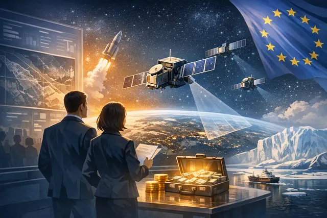 A conceptual illustration of the Scaleup Europe Fund's first investment in ICEYE, showing a satellite in orbit above Earth with financial data and a map of Europe in the background