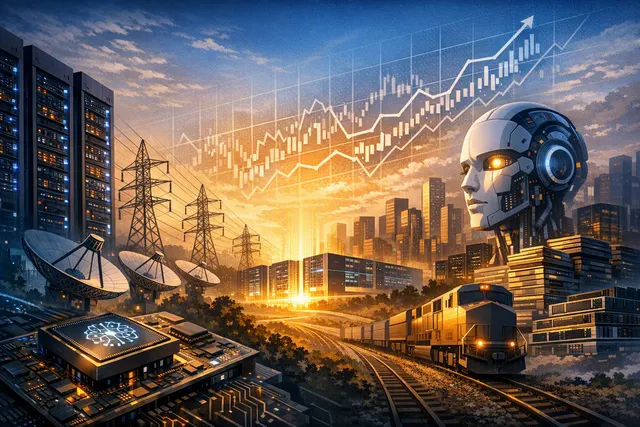 AI data centers, semiconductor chips and power infrastructure representing the trillion-dollar artificial intelligence investment boom