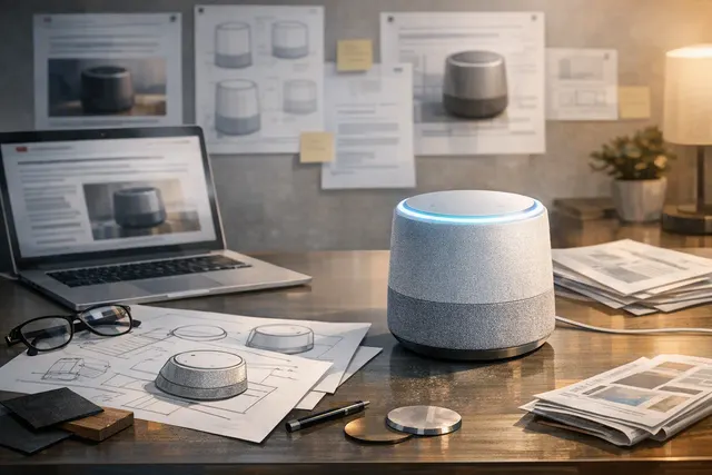 Concept illustration of OpenAI's donut-shaped AI smart speaker in a modern home interior