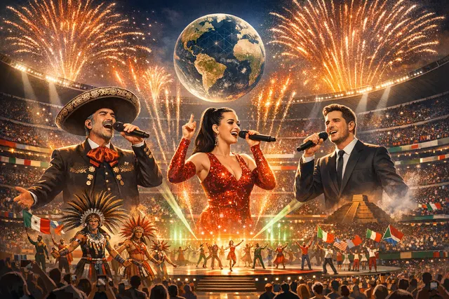 Shakira and Burna Boy performing the anthem Dai Dai during the 2026 FIFA World Cup opening ceremony at a packed Estadio Azteca in Mexico City