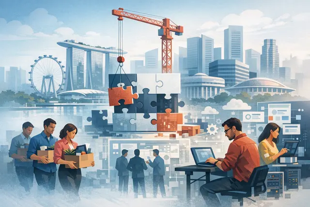 Abstract editorial illustration of a connected digital team shifting from project coordination to in-house product ownership