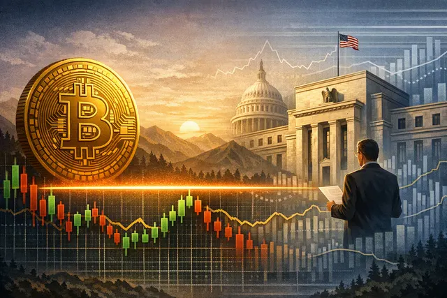 Editorial illustration of Bitcoin facing an $80,000 resistance level alongside Federal Reserve policy signals