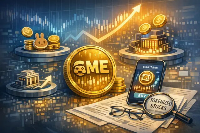 GMEB tokenized GameStop shares launch illustration showing Binance and PancakeSwap logos with blockchain network graphics