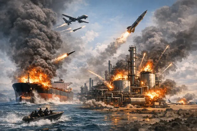 Illustration of a burning oil tanker in the Red Sea with shipping chokepoints highlighted, representing the 2026 Houthi escalation against Saudi oil infrastructure.