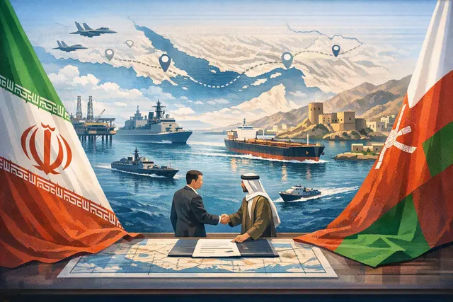 Satellite or stylized map view of the Strait of Hormuz showing shipping lanes, with oil tanker icons and geopolitical tension markers