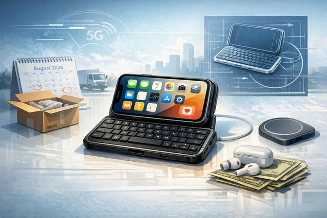Clicks Power Keyboard attached to a modern smartphone via MagSafe, showing the slide-out QWERTY keyboard with LED backlighting