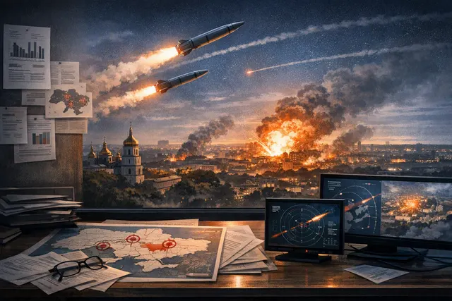 AI-generated scene of a night sky over Kyiv illuminated by explosions and tracer fire during a ballistic missile and drone attack.