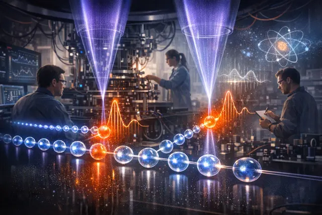 How did an international, Caltech led team of physicists use strontium atoms arranged in optical tweezer chains and excited to strongly inte