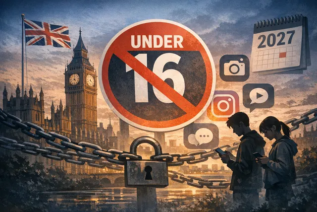 Conceptual editorial illustration of the UK’s under-16 social media ban, showing blocked app icons for TikTok, Instagram, and YouTube behind a child’s silhouette.