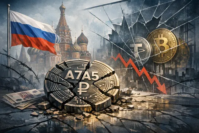A visual representation of the A7A5 stablecoin collapse, showing a declining graph over a map of Russia, Kyrgyzstan, and the EU, with symbols for sanctions and blockchain analytics