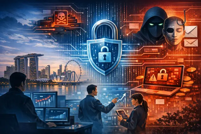 Illustration of Singapore’s cybersecurity threat landscape, including malware, botnets, AI-enabled attacks and critical infrastructure protection