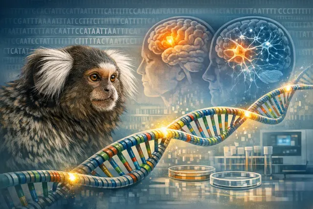 A close-up illustration of a common marmoset (Callithrix jacchus) with a glowing DNA helix overlay, representing the first complete gapless genome sequence.