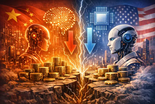 Graphical abstract representing the 2026 AI price war between Chinese models like DeepSeek V4 Flash and American leaders like OpenAI, showing price charts and model logos.