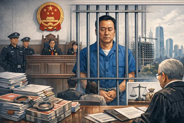Editorial illustration of Evergrande founder Hui Ka Yan facing a life sentence amid the collapse of China’s property market