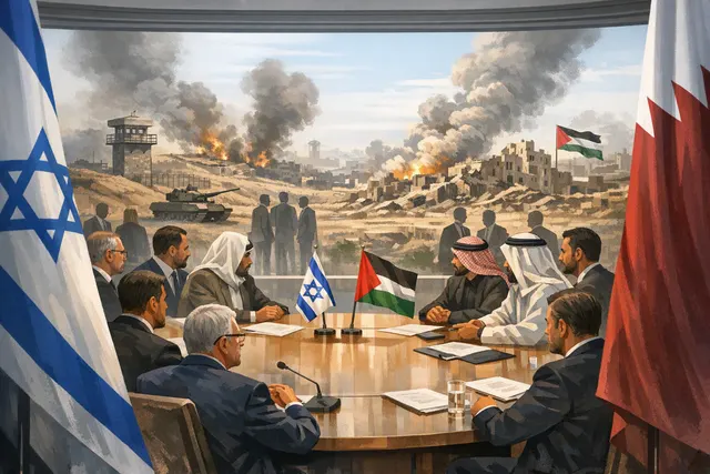 Illustration of diplomatic negotiations over the Gaza ceasefire road map, with Israel and Hamas divided over disarmament and withdrawal