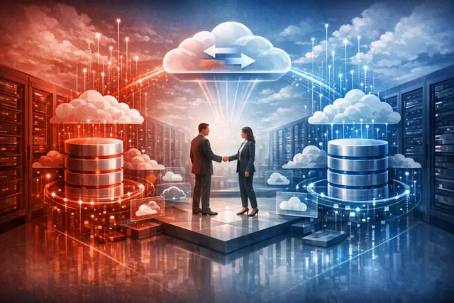Digital illustration of interconnected cloud infrastructure representing Oracle and AWS multicloud database partnership, with Exadata performance and 22 global regions