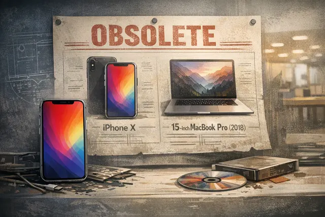 iPhone X and 2018 MacBook Pro overlaid with an 'obsolete' stamp, representing Apple's classification change