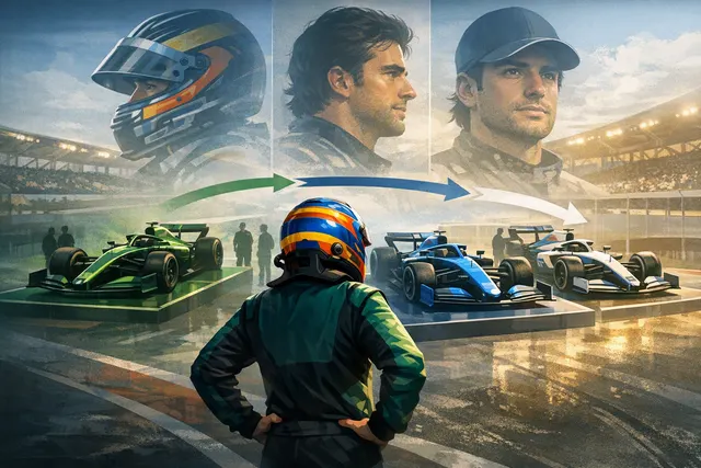 Fernando Alonso, Carlos Sainz, and Franco Colapinto as three F1 driver silhouettes forming a chain of dominoes on a racetrack background, representing the potential 2027 driver mar