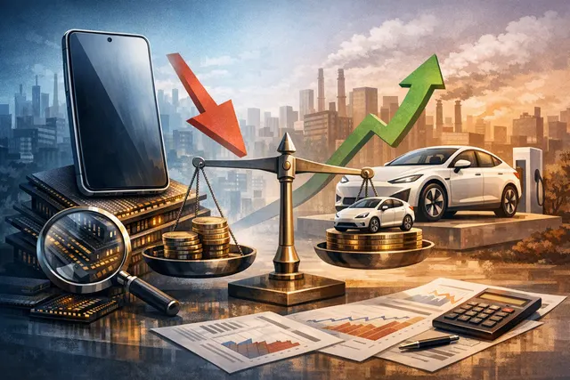 Editorial illustration of a Xiaomi smartphone and electric SUV under pressure from rising memory costs