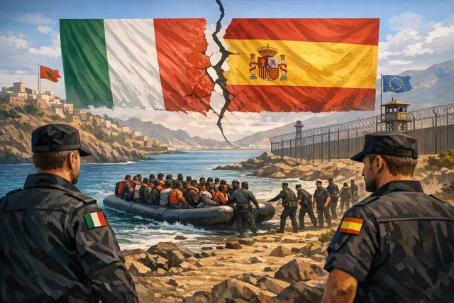 Illustration of border officers, migrants and the Spain–Italy Schengen dispute connected to Ceuta