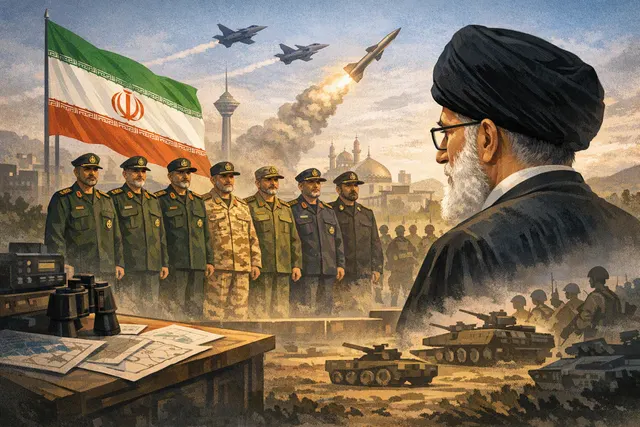 An illustration representing Iran's military command restructuring in 2026, featuring military iconography and strategic symbols.