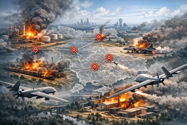 Illustrative nighttime scene of drones and fires during Ukraine’s long-range strikes on Russia