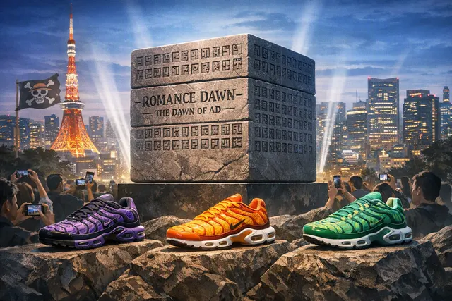 AI-generated editorial hero image showing a Nike Poneglyph cube in Harajuku, Tokyo, with augmented reality Devil Fruit reveal, representing the One Piece x Nike Air Max Plus collab