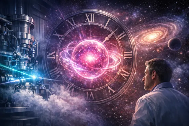 A conceptual illustration of a quantum 'mini-universe' experiment where a cloud of ultracold atoms is split by a laser barrier to demonstrate the emergence of entropic time.