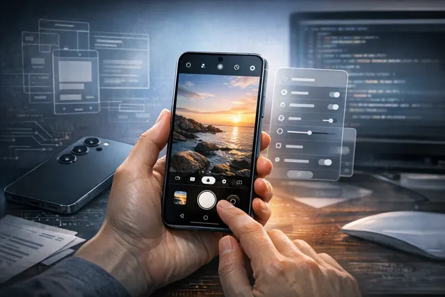 Conceptual illustration of a Samsung Galaxy S26 showing a redesigned One UI 9.5 Camera interface with rounded translucent menus