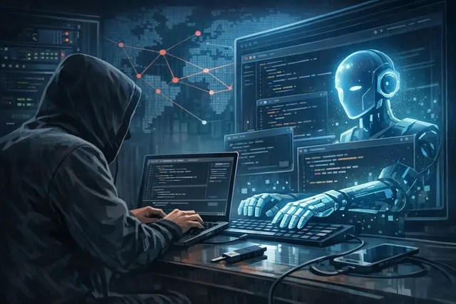 Illustration of an AI coding agent assisting a ransomware intrusion against a network firewall