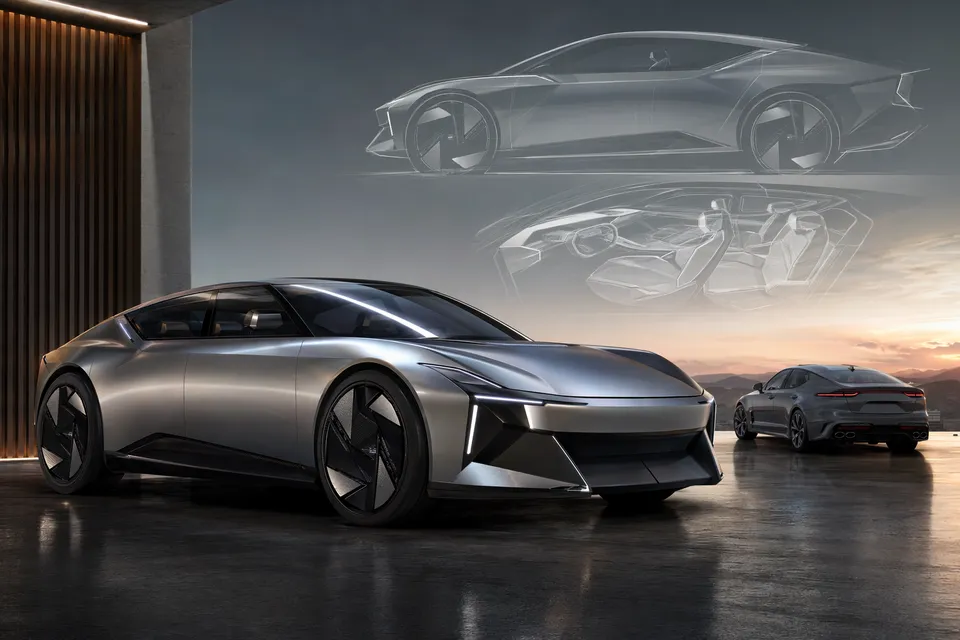 AI-generated illustration of a futuristic electric four-door GT inspired by Kia’s Vision Meta Turismo concept