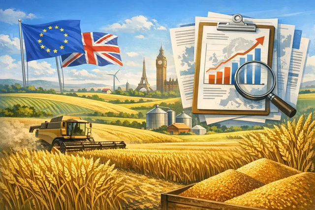 A divided European grain field: green healthy wheat on one side, struggling dry corn on the other, symbolizing diverging 2026 crop forecasts