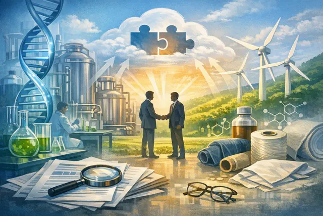 Conceptual illustration of a biomanufacturing facility with AI-powered molecular design and large-scale fermentation tanks.