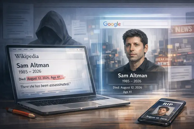 Google search result showing Sam Altman Knowledge Panel with a false death date alongside his profile photo