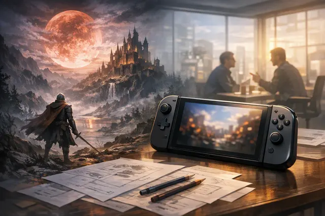 Editorial illustration of The Duskbloods as a dark fantasy multiplayer game on Nintendo Switch 2