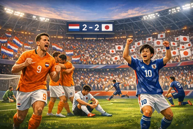 Japan players celebrate Daichi Kamada's dramatic late equalizer against the Netherlands during the 2026 FIFA World Cup Group F match.