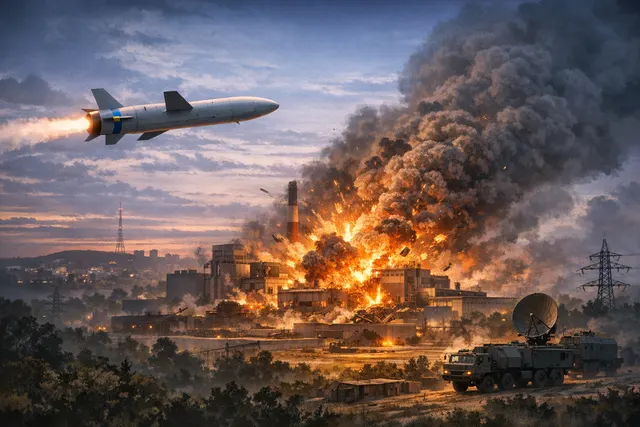 Artistic rendering of a Ukrainian FP-5 Flamingo cruise missile in flight over a city skyline, moments before striking a military industrial target deep inside Russia.