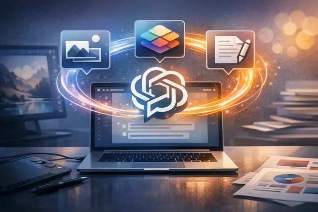 An abstract digital illustration showing Adobe Creative Cloud icons — Photoshop, Premiere, Firefly, Acrobat, Lightroom, and Illustrator — converging toward a central ChatGPT interf