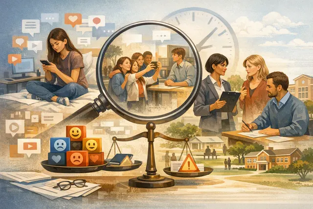 Illustration of a young person balancing social media use with sleep, relationships and offline activities