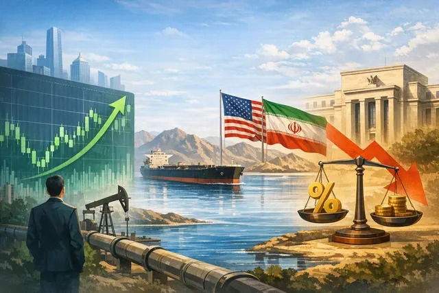 Asian stock market chart and oil price graph with Strait of Hormuz map overlay