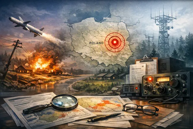 Editorial illustration of a Russian Kh-101 cruise missile crater and a shortwave radio frequency dial, representing the missile strike on Poland and the UVB-76 Buzzer station.