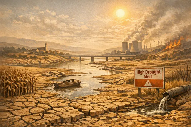 Editorial illustration of a drought-stricken European river exposing a World War II shipwreck