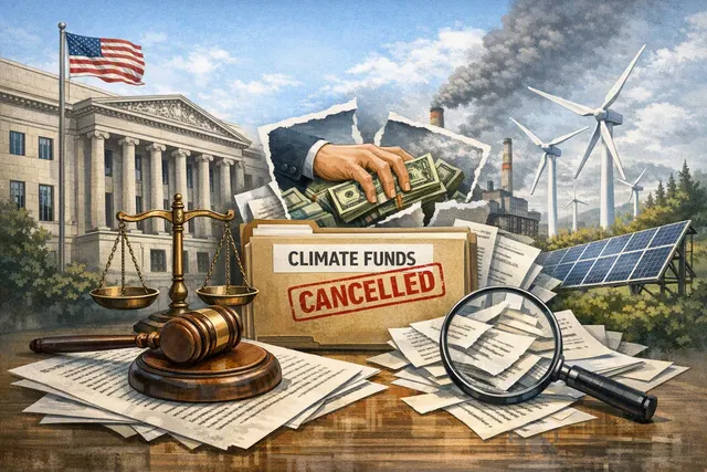 An illustration of the United States Supreme Court building with a gavel and legal documents, representing the D.C. Circuit Court of Appeals ruling on the EPA's $20 billion climate